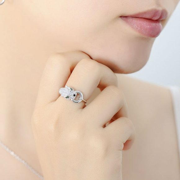 NEW 925 Silver Emerald Diamond Panther Cat Ring - Picture 3 of 6